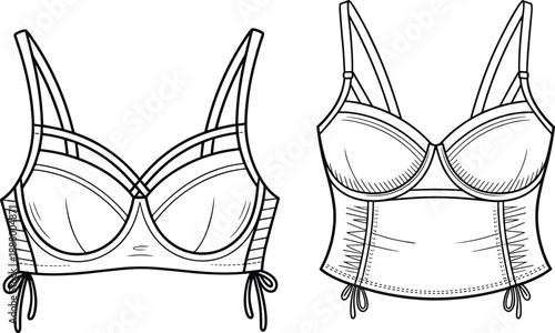 Women lingerie corset top fashion technical illustration, bra style garment design, front and back views, outline vector drawing