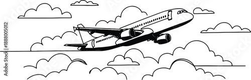 A clean and minimalistic continuous one line drawing of an airplane flying through clouds, vector illustration