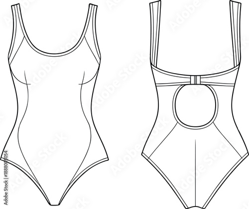 Women one piece swimsuit fashion technical illustration, open back swimwear design, front and back views, minimal outline vector drawing