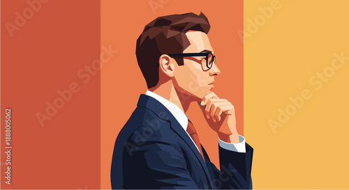 A thoughtful businessman in a suit and glasses is depicted in profile, deep in contemplation against a warm, gradient background.