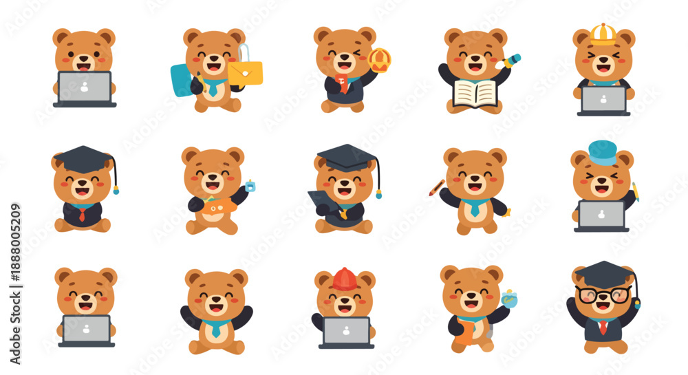 Fototapeta premium Cute Cartoon Bear Character Emoticons Set