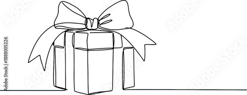 A clean and minimalistic continuous one line drawing of a gift box with bow, vector illustration
