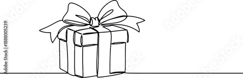 A clean and minimalistic continuous one line drawing of a gift box with bow, vector illustration