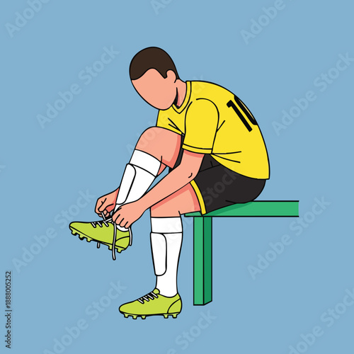 Soccer player tying cleats on a bench before a match on a clear blue background vector illustration
