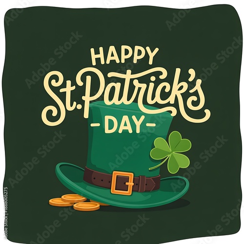Happy st patrick s day celebration with a green hat clover and golden coins illustration