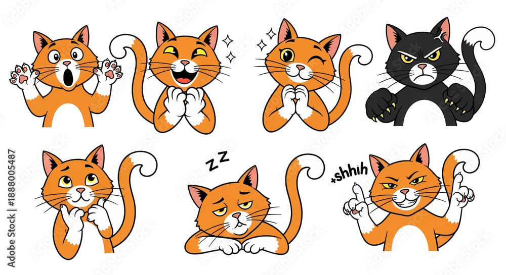 Fototapeta premium Cartoon cats in various poses.