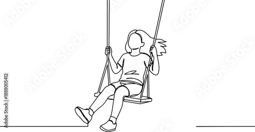 A clean and minimalistic continuous one line drawing of a child on a swing, vector illustration