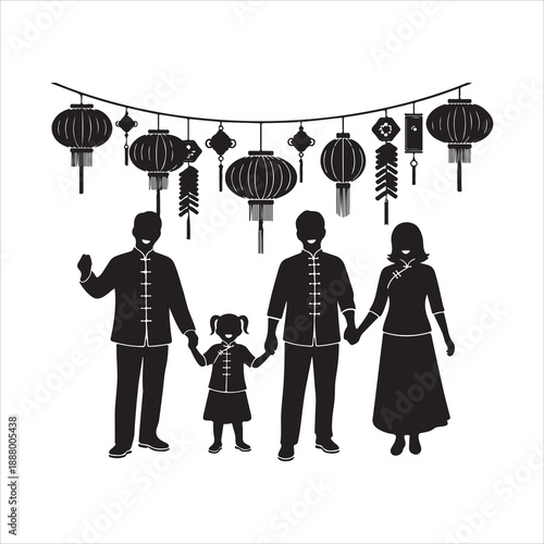 A silhouetted family stands beneath decorative lanterns celebrating a festive occasion