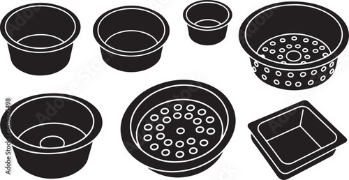 Black and white illustration of various colander kitchen utensils