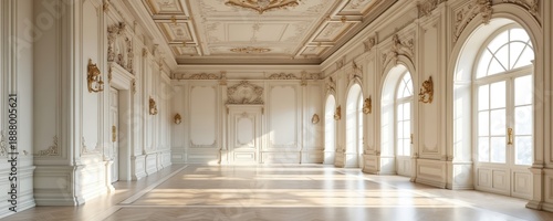 Ornate white room with gilded details. Tall arched windows let in soft daylight. Parquet floor reflects sunbeams across polished wooden planks. Elegant antique space.