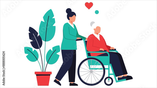 Professional Caregiver or Nurse Pushing Elderly Man in Wheelchair Vector Illustration with Heart Icon.eps