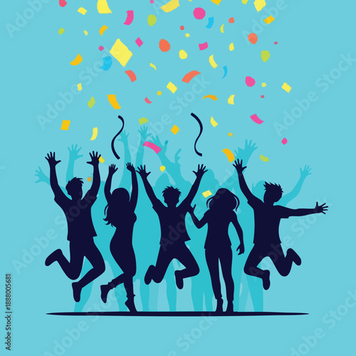 Silhouettes of jubilant people jumping with confetti showering down celebrating joyfully on a bright blue background a vibrant illustration for