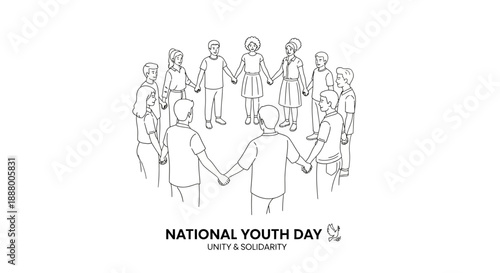 Line art illustration of diverse young people holding hands in a circle, symbolizing unity and solidarity for National Youth Day.