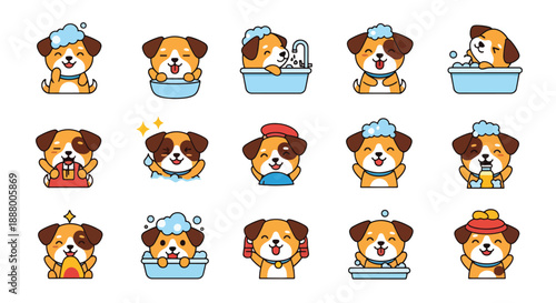 Cute Cartoon Dog Bathing Icons Collection