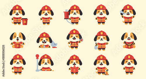 Cartoon Dog Firefighter Character Poses Set