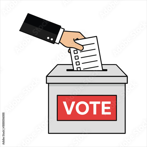 A hand inserting a ballot into a voting box with a clear vote label