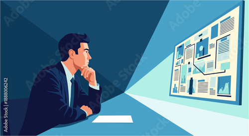 Thoughtful businessman analyzing data on a large virtual screen, showcasing strategic planning and digital transformation in a modern office environment.