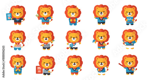Set of Lion Cartoon Characters in Different Professions