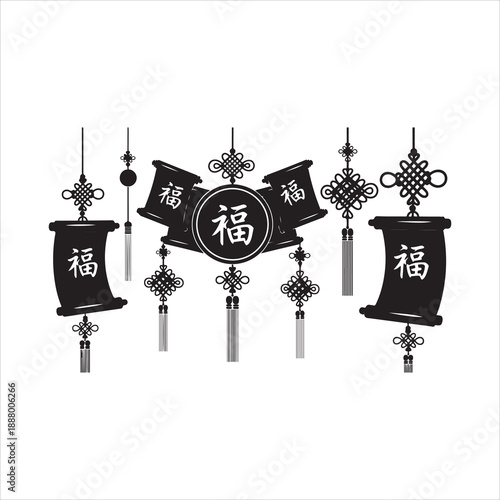 Black and white illustration of traditional asian hanging scrolls with chinese characters
