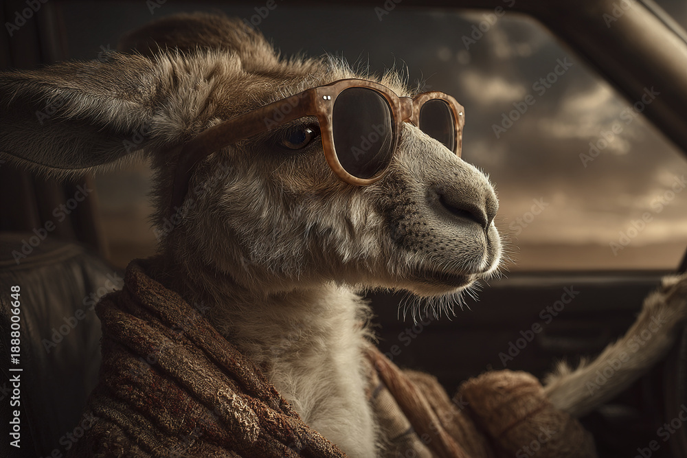 Fototapeta premium Confident llama wearing sunglasses and textured brown shawl sits in car, looking ahead with calm expression during moody sunset drive