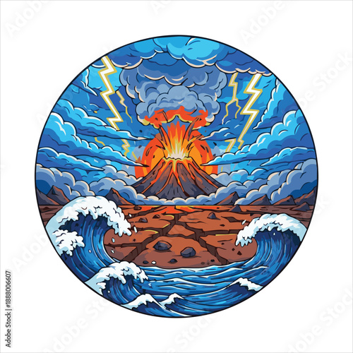 A dramatic illustration depicts a volcanic eruption amidst stormy weather and turbulent waves