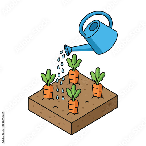 A blue watering can irrigates a small isometric garden of growing carrots