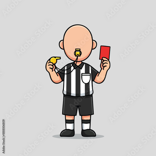 Cartoon soccer referee with whistle and red card on a plain gray background illustration for sports events and rules enforcement