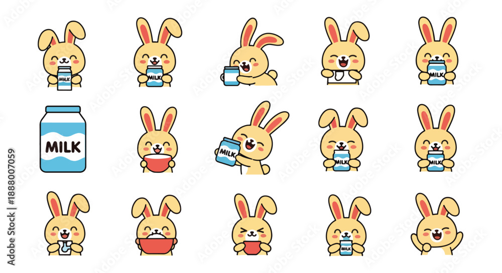 Fototapeta premium Cute Bunny Drinking Milk in Various Poses