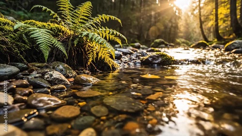of sunlit forest stream flowing over moss covered rocks