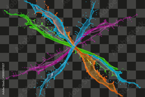 Fluid Splash collision effect forming cross shape from multiple intersecting liquid streams bright colors