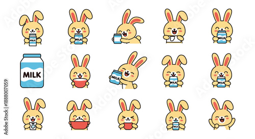 Cute Bunny Drinking Milk in Various Poses