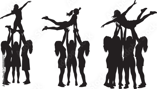 Cheerleading team performing stunts in silhouette on white background