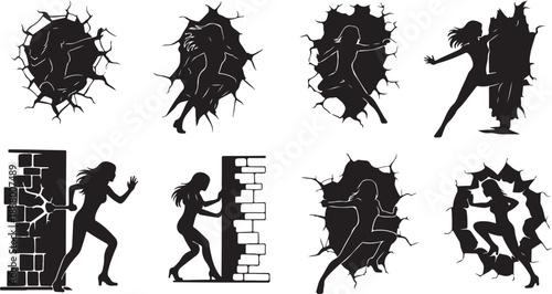 Silhouettes of women breaking through walls and barriers strongly