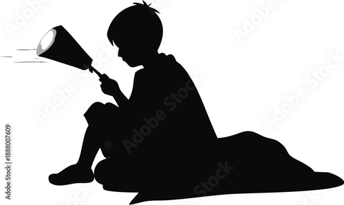Silhouette Of A Boy Reading With A Flashlight Under A Blanket