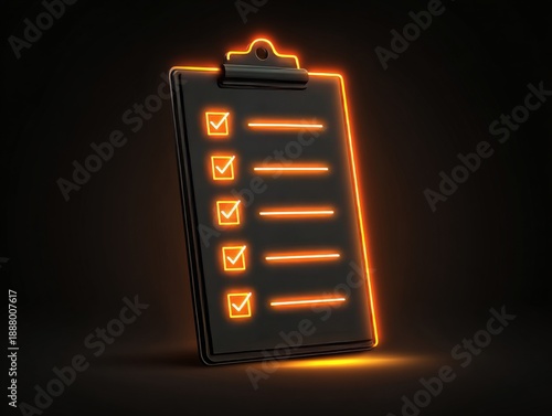 Neon lit checklist on clipboard with glowing orange checkboxes