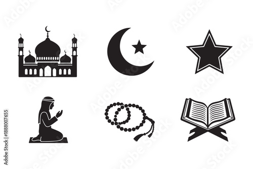 set of Ramadan Kareem silhouette icons for muslim holiday celebration silhouette vector art