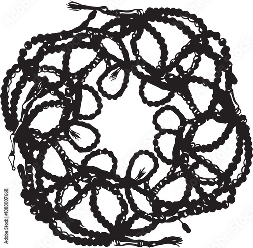 Tangled mess of black beaded necklaces on white background