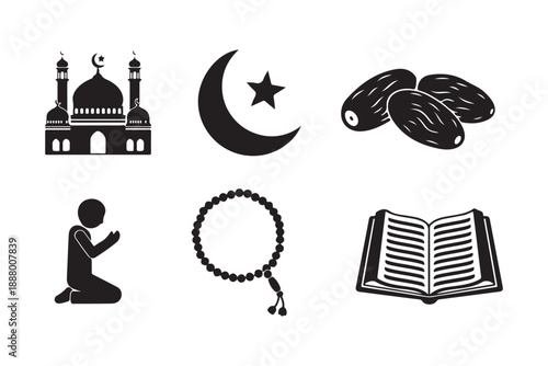 Collection of islamic symbols and figures in silhouette including mosque, moon, star, prayer, beads and quran silhouette vector art