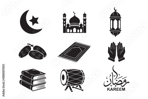 Collection of islamic symbols and figures in silhouette including mosque, moon, star, prayer, beads and quran silhouette vector art