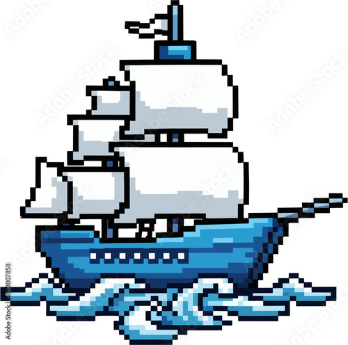 Vibrant pixel art sailboat navigates stylized blue waves, a charming digital illustration capturing the essence of retro 8-bit maritime adventure and exploration