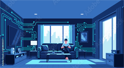 A person sits on a sofa, reading a book in a technologically integrated smart home environment with glowing circuit board patterns.