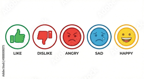 Customer feedback and emotion rating scale with like, dislike, angry, sad, and happy icons