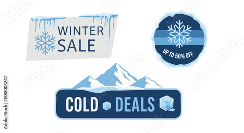 Festive winter sale and cold deals promotions featuring icy elements and snow-capped mountains advertising discounts and seasonal offers for