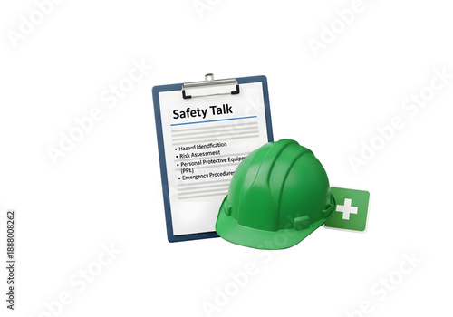 Industrial safety green hard hat and clipboard checklist png on transparent background