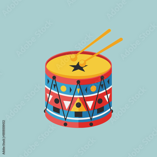 Vibrant illustration of a colorful drum with drumsticks on a light blue background, perfect for music and cultural themes.