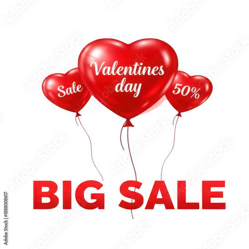 Three vibrant red heart balloons advertise a valentine s day big sale on transparent background