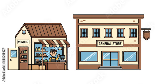 Isolated vector graphic of small vendor shop and traditional general store buildings