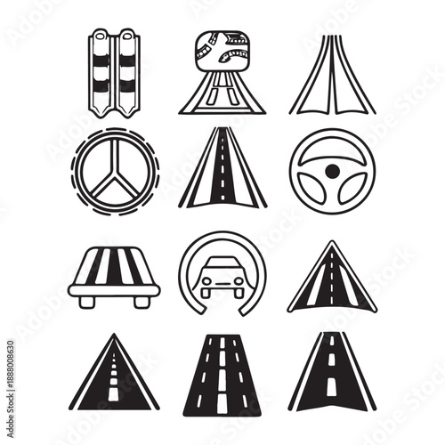 Road and Driving Transportation Line Icons 