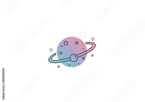 Stylized gradient planet with rings and stars icon isolated on white background