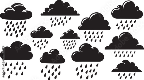 Rainy Weather Icons with Clouds and Raindrops Illustration Set